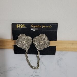 1928 Silver Filigree Sweater Guards with Chain. NEW